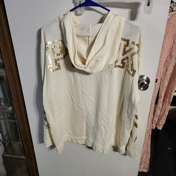 WOMANS CREAM COLORED PINK VICTORIAS SECRET GOLD SEQUIN HOODIE SZ L - Picture 2 of 6